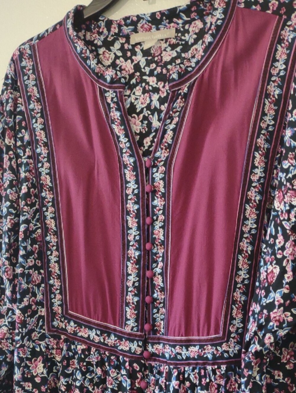 Woman Within 2X Floral Boho Tunic Berry Navy Long Sleeve Plus Size Cottagecore - Picture 4 of 9